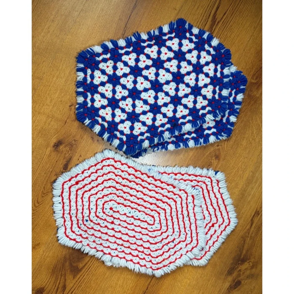 Vintage Handmade Crochet Loom Knit Placemats Blue Red White Geometric Patriotic